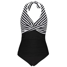 Bslingerie® Women Halter Pin Up Classic Monokini One Piece Swimsuits (M, Black Stripes)