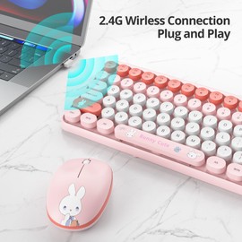 Mosptnspg Girly Keyboard and Mouse Wireless, 2.4GHz Full-Sized Cute Pink Keyboard Mouse Set with Retro Typewriter Round Keys for Windows, Computer, Laptops, PC (Dot Pink)
