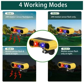 QXMH Solar Alarm with Motion Sensor for Outdoor Use - Dog Bark and Shot Alarm, 2 x 129dB Loud Noise Maker, 4 Modes, Red and Blue Flashing Light with Motion Activated (1 Pack)