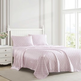 Laura Ashley - King Bed Sheets, Printed Satin Bedding with Matching Pillowcases, Deep Pocket, Lightweight for Year-Round Use, Oeko-Tex Certified (Bow Ribbon Pink)