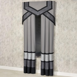 Omega Contemporary Luxury Window Treatment | Sophisticated | Silver, Gray, Charcoal, Black | Pleated | Silky Polyester Satin | 4 Piece Set: 96L Curtain Panel Drapery Pair and Cornice Valance Set