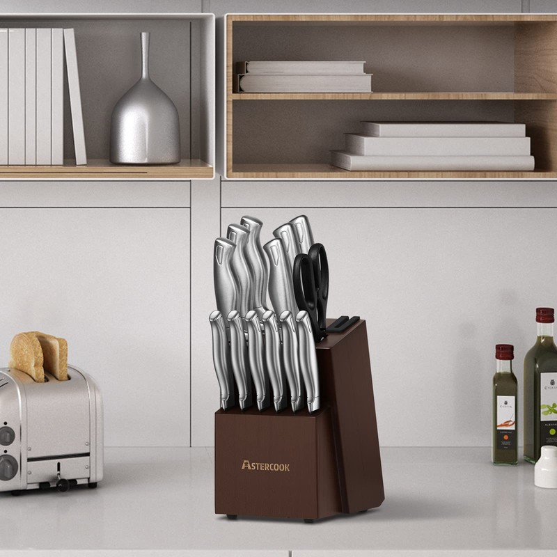 Astercook Knife Set, 15-Piece Kitchen Knife Set with Block, Built-in