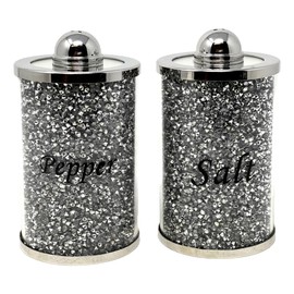 Fabulous Diamond Crushed & Crystal Filled Set of Salt & Pepper Storage Canister Unique Collection to Your Kitchen Decore (Silver Salt and Paper)