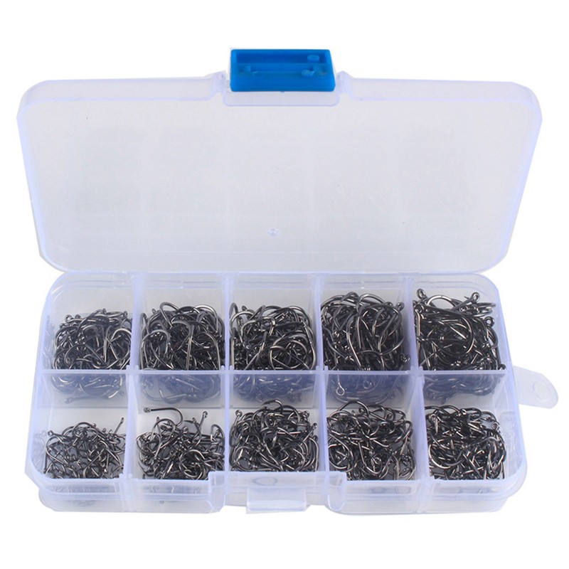 1000PCS Fishhooks Fish Hooks with Barbs 10 Sizes Carbon Steel
