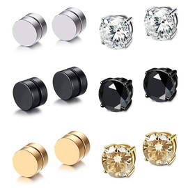 Fu You 6 Pairs Stainless Steel Magnetic Earrings Men Women Magnetic No Hole Fake Earring Clip No Piercing Diamond Cubic Zirconia Round Stud Silver Gold Black 8mm, Stainless Steel, Diamond Zircon
