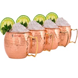 Craft Trade 16oz/500ml Pure Copper Moscow Mule Mugs with 4 Straws 1 Shot Glass Hammered Mugs Drinking Cup Great Dining Bar Gift Set Hotel Beer Mug - Set of 4