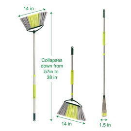 Pine-Sol Indoor Jumbo Broom with Long, Stainless Steel Collapsible Handle for Easy Storage, Heavy Duty Angle Bristles for Wood, Tile, Linoleum, and More - Sweeps Wet or Dry Debris