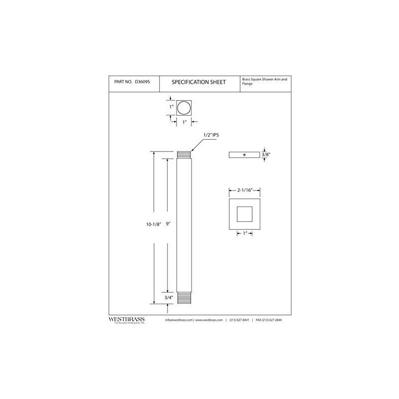 Westbrass D3609S-26 Square Ceiling Drop Shower Arm & Flange, Polished