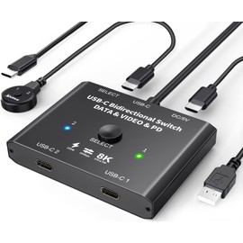 USB C Switch 2 PC 8K @ 60Hz 4K @ 120Hz, Bidirectional USB C Switcher for 2 PCs, 2-in-1 out/1 in 2 out, 10Gbps Data Transfer, 100W Charging, Type C KVM Switch with Wired Remote and 2 USBC Cables