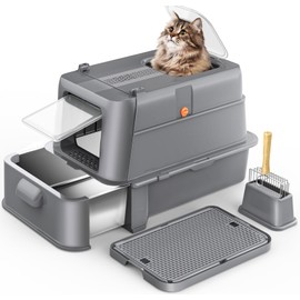 HEGGCOOE Enclosed Stainless Steel Cat Litter Box with Lid，XL Large Metal Cat Box with Drawer for Big Cats,Top Exit Kitty Litter Box Includes Scoop, Filter Pedal,Odor Control, Easy Cleaning
