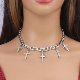 Gold Charm Necklace for Women Boho Surfer Beach Necklace Chunky Pearl Cross Charm Choker Necklace Beach Necklace Jewelry for Women (Silver Cross)