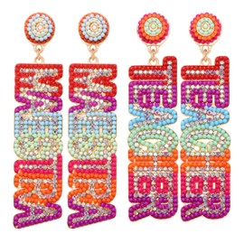 Rhinestone Beaded Earrings Sparkly Letter MAESTRA TEACHER Earring Colorful Beaded Teacher Dangle Earrings for Back to School Jewelry Gift 2Pairs, Rhinestone, No Gemstone