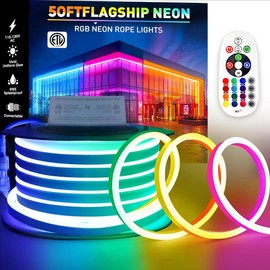 RGB Neon LED Strip Light with Remote Control ETL Listed Waterproof Flexible LED Neon Rope Lights for Home Building Indoor Outdoor Decor - Size: 50FT/15M