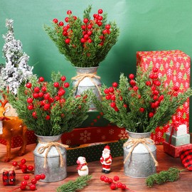 Tioncy 3 Sets Christmas Centerpieces for Tables Artificial Christmas Picks with Vase 120 Artificial Norfolk Pine Branch Faux Cedar Pine Stem and 90 Berry Stems for Xmas Indoor Home Office Table