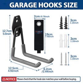 3-H Pack of 4 Wall Hooks, Garage Hooks, Heavy Duty Double Hooks, Garage Storage Hooks, Wall Tool Hooks, Heavy Duty for Ladder, Tools, Hose, Power Tools, Bicycle, Garden Tools, Grey (U-Hook)