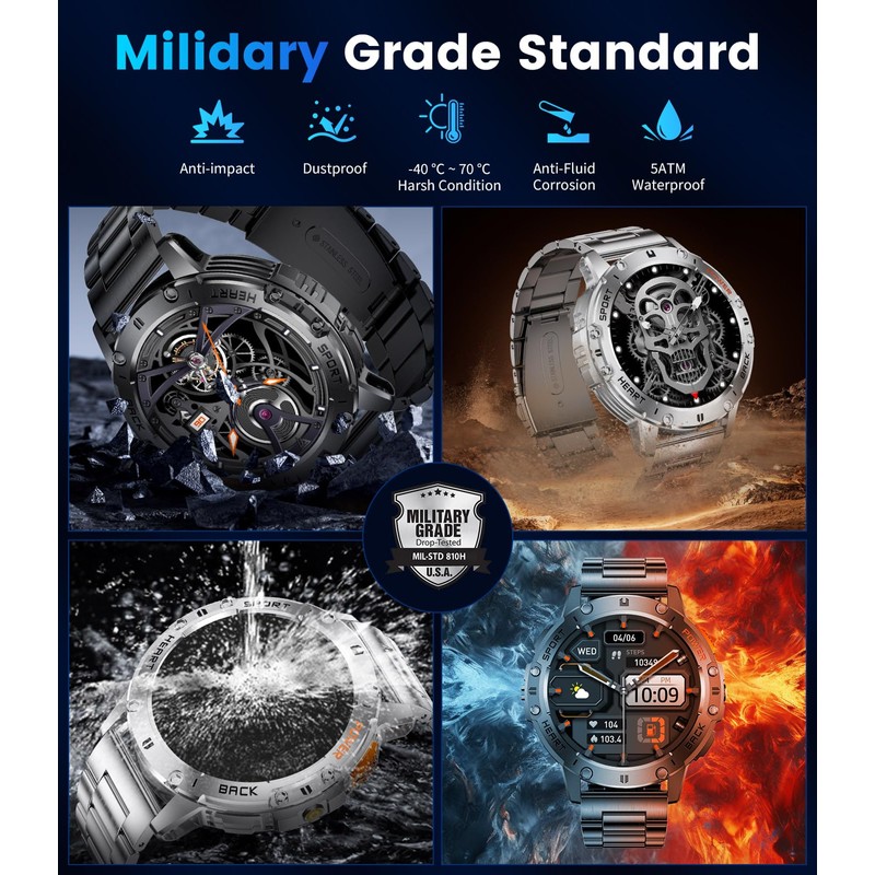 Military Smart Watches for Men(Answer/Make Calls) with LED Flashlight,530mAh Large