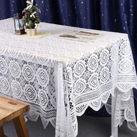 mookaitedecor 225x152cm White Large Floral Lace Tablecloth Rectangular for Party Dining Table Festive Family Gathering, Polyester Lace Table Cloth Cover Anti Wrinkle for Wedding Housewarming Gift