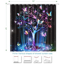 Shower Curtain Butterfly Tree, Shower Curtain for Bathroom, Fluorescence Tree Shower Curtain Sets with 12 Hooks Waterproof Polyester Fabric Machine Washable Home Office Farmhouse Decor Bath Curtain