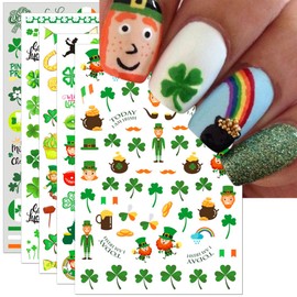 IDDFEVE St. Patrick's Day Nail Art Stickers, Irish Shamrock Leprechaun 3D Self-Adhesive Nail Decals Lucky Clover Design (5 Sheets)