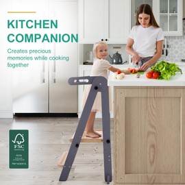 Foldable Toddler Tower, Kitchen Stool Helper, Standing Tower with 3 Adjustable Heights and Non-Slip-Strips, Learning Tower for Kids 1.5-6 Years, Montessori Stool for Kitchen Counter Sink, Grey