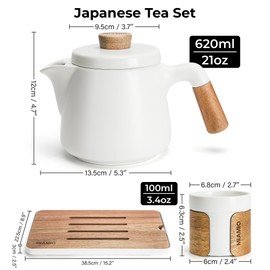 MIAMIO - Japanese/Chinese Tea Set 6 x 3.4 oz/Asian Tea Pot 21 oz with Tea Infuser, Traditional Japanese Tea Cups Set for Tea Lovers/Men/Women (White)