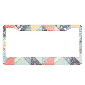 HOSNYE Artwork Quilter License Plate Frame Flowers and Dots Patchwork Metal License Plate Cover Front Plates Frames Car Tag Frame for Women Men US Vehicles Standard