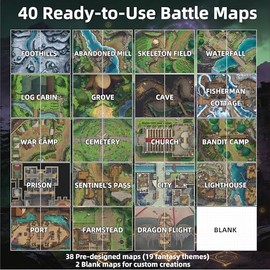 DND Battle Map Book – 40 Reusable Wet/Dry Erase Mats, 200+ Scenery Decals, 1" Grid & Lay-Flat Binding for Tabletop RPG Campaigns