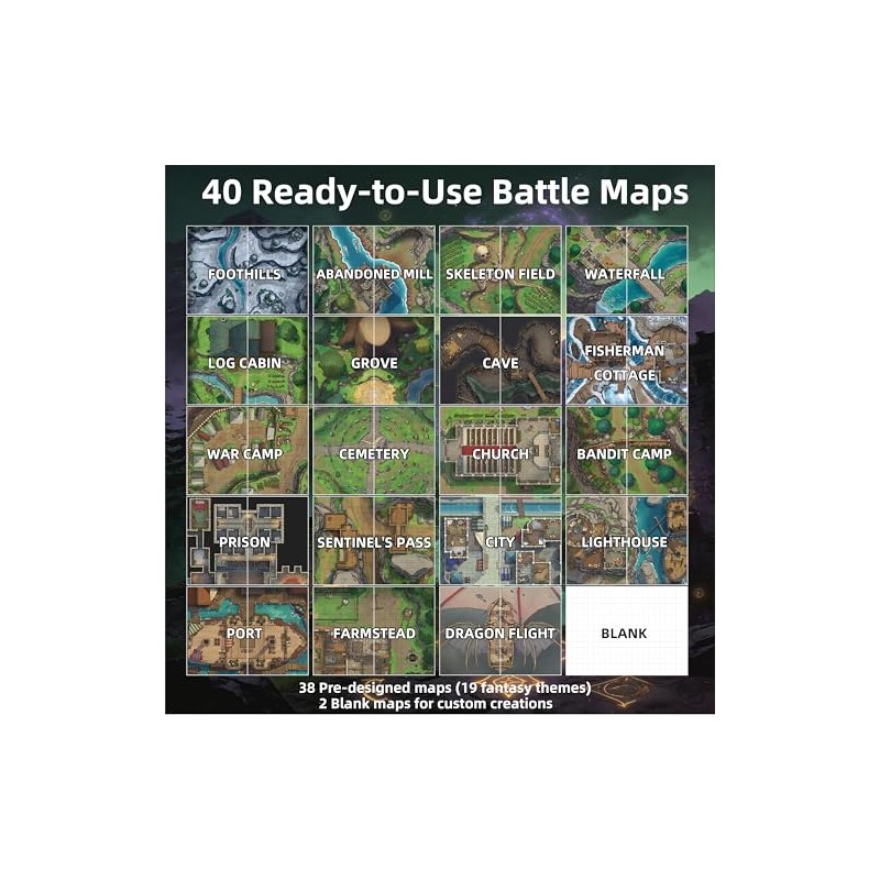 DND Battle Map Book – 40 Reusable Wet/Dry Erase Mats,