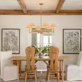 LIGJOY 38" Boho Coastal Chandelier,6-Light Rattan Pendant with Hand-Woven Fabric Shades in Antique Gold,Large Modern Gold Hanging Lighting for Dining Room Kitchen Island Living Room