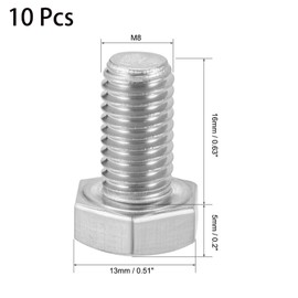 10 Pcs M8 Hex Bolt M8-1.25 x 16mm UNC Hex Head Screw Bolts A2-70(304) Stainless Steel Fully Threaded Hex Tap Bolts，Plain Finish，Fully Threaded (M8 x 16mm)