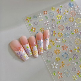 LINMEIZAI Flowers Nail Art Stickers - 5D Embossed Floral Decals Self-Adhesive Manicure Sliders Five-Petal Flower Decoration Supplies