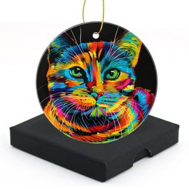 Round Christmas Ornaments Ceramic Christmas Tree Ornaments Double-Sided Home Decor 2.95In with Box for Indoor,A Colorful Cat Lovely Pretty