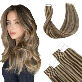 SURNEL Tape in Hair Extensions Human Hair Medium Brown Highlighted Caramel Blonde Remy Tape in Hair Extensions 20 Inch 20 pcs 50g(#4P27-20)