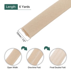 MECCANIXITY 1/2 Inch Double Fold Bias Tape Continuous Bulk Cotton Bias Tape for Sewing Seaming Quilting Hemming Binding Crafts (Khaki 6 Yards)