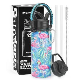 Pandaria Insulated Water Bottle 32oz, Stainless Steel Water Bottle with Straw & Spout Lids & Paracord Handle, Reusable Water Bottle Spill Proof BPA-Free Flask for Sports, Gym, Travel, (Flamingo)