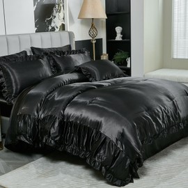 Herside Satin Black Ruffle Comforter Set with Sheet Set King Size,8 Pieces Ruched Pleated Comforter Silk Like Satin Bedding Set,Soft Smooth Luxury Silky Quilt Set with 1 Cushion Cover All Season