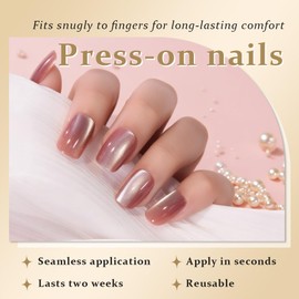XZMeiLun Cat Eye Pink Press On Nails Short Medium Square, Designer Reusable Acrylic Fake Nails with Glue, Glossy Soft Gel Nails Wedding and Party, Stick On Glue On Nails, Nails Press Ons for Women