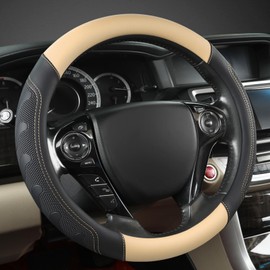 GIANT PANDA Microfiber Leather Steering Wheel Cover for Honda Accord,Civic,CR-V,HR-V,Pilot(Black+Beige-Standard Size)