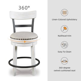Signature Design by Ashley Valebeck | Modern Swivel 24.5" Counter Height Barstool – Rustic-Industrial Whitewash, Upholstered Cushion, 360° Swivel, Nailhead Trim