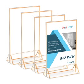Sezanrpt Acrylic Table Numbers Wedding 5x7 Vertical 4 Pack, Gold Menu Card Holder, Clear Table Top Display