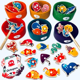 LKyoxs Montessori Toy Wooden Sorting Cup&Fishing Game 3-in-1 Colors Shapes Sorting Matching Letter Game Learning Toys for Toddlers 1-3 Year Old