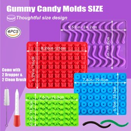 4 Pcs Silicone Gummy Candy Molds Kit with 2 Droppers | Non-Stick Large Bear/Dinosaur/Donut/gummy worm 200+ Cavities | BPA Free Chocolate Jello Molds for Kids, DIY Baking & Party Favors