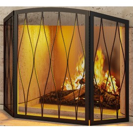 Kingson Childproof Fireplace Screen 3- Panel Modern Handcrafted Wrought Iron Foldable Metal Mesh, Heavy Duty Decorative Fireplace Spark Guard Cover for Living Room Home Decor Black Finish