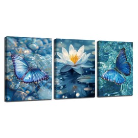 Arjun Blue Abstract Butterfly Canvas Wall Art Water Lily Pond Painting Zen Stones White Lotus Flower Teal Turquoise Pictures Framed for Living Room Bedroom Bathroom Spa Salon Home Office Wall Decor