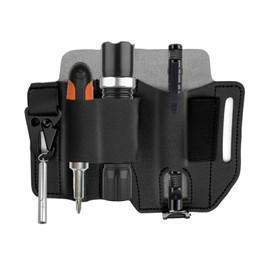 Leather Multitool Sheath, Multitool Belt Sheath, Tool Holster for Belt for Flashlight, Pen, and Keychain Clip, Leather Pocket Organizer (Black)