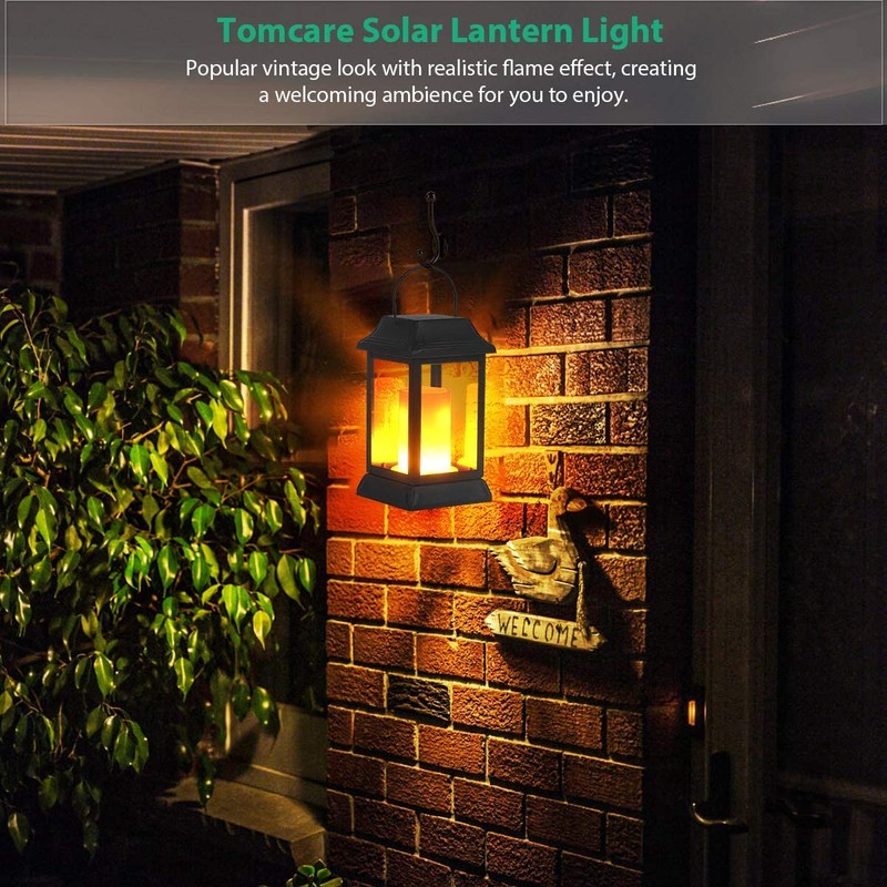 TomCare Solar Lights Metal Flickering Flame Solar Lantern Outdoor Hanging