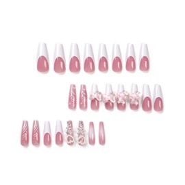 Pink French Tip Press on Nails Long Square Aritifical Acrylic Fake Nails with Small Bear Bow Tie Stars Pearl Design Full Cover Coffin False Nails Nature Fit Stick on Nails Kit Glue on Nails for Women
