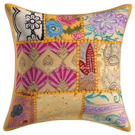 DK Homewares Ethnic Sofa Cushion Covers 30 x 30 cm Cotton Mango Yellow Vintage Patchwork Small Cushion Covers Home Bedroom Abstract Square Cushion Covers - Set of 2 (Cover Only)
