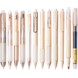 Christmas Stocking Stuffer for Girls, Beige Gel Pen Set Pack of 12,Cute 0.5 mm Fine Tip Retractable Black Ink Pens with 1Pack Dual-Tip Highlighter for Writing, School Office Supplies (Beige)