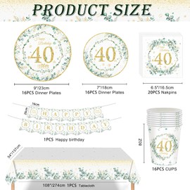 70P Sage Eucalyptus Green 40th Birthday Tableware Set with Banner, Cups, Napkins, Plates, and Cloth - Happy 40th Birthday Dinnerware Kit